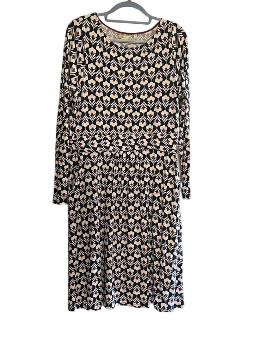 Boden Long Sleeve Floral A-Line Dress With Pockets Size 14R Viscose Blend Navy &